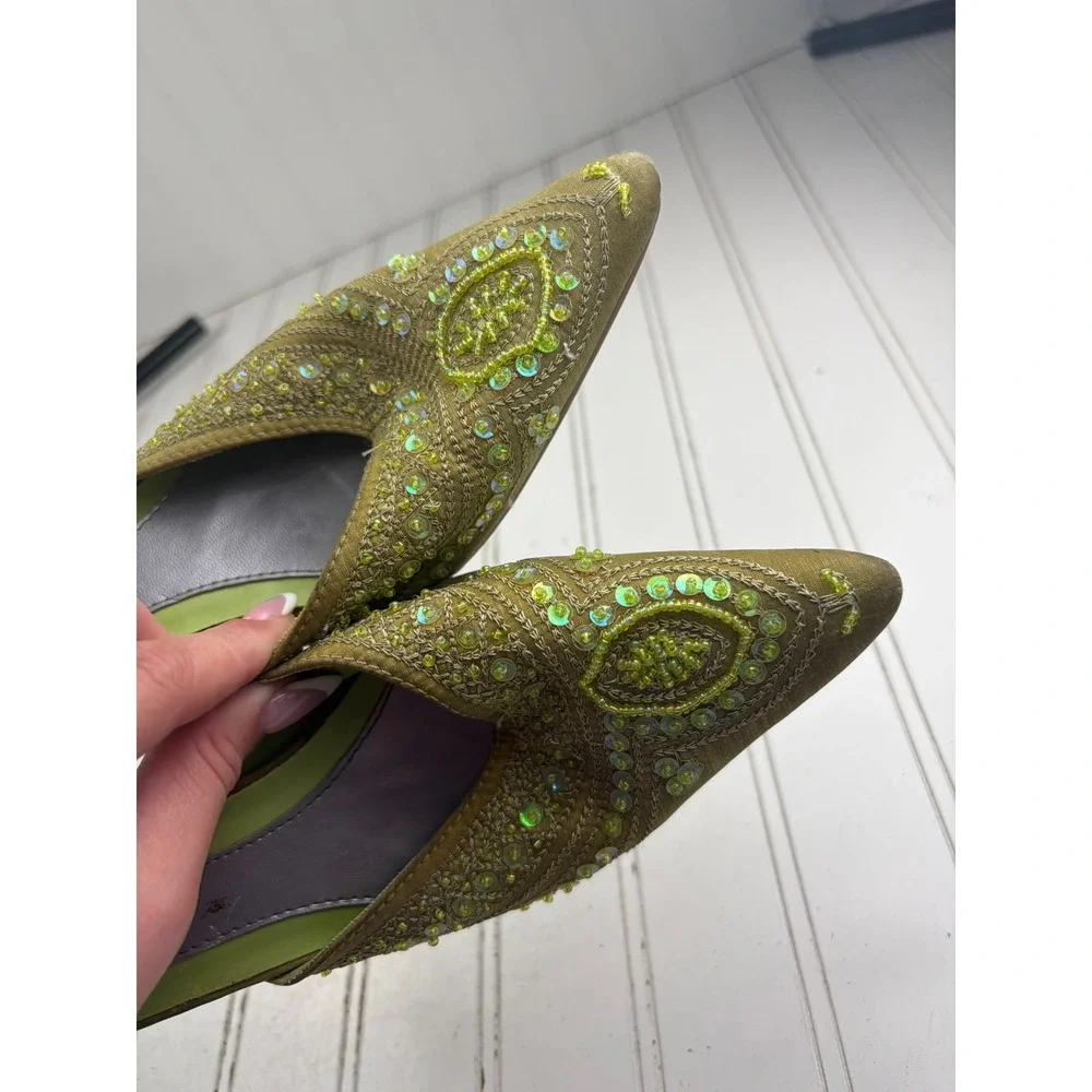 Anne Michelle Vintage Y2K Green Beaded Floral Satin Kitten Heels Women's Size 6